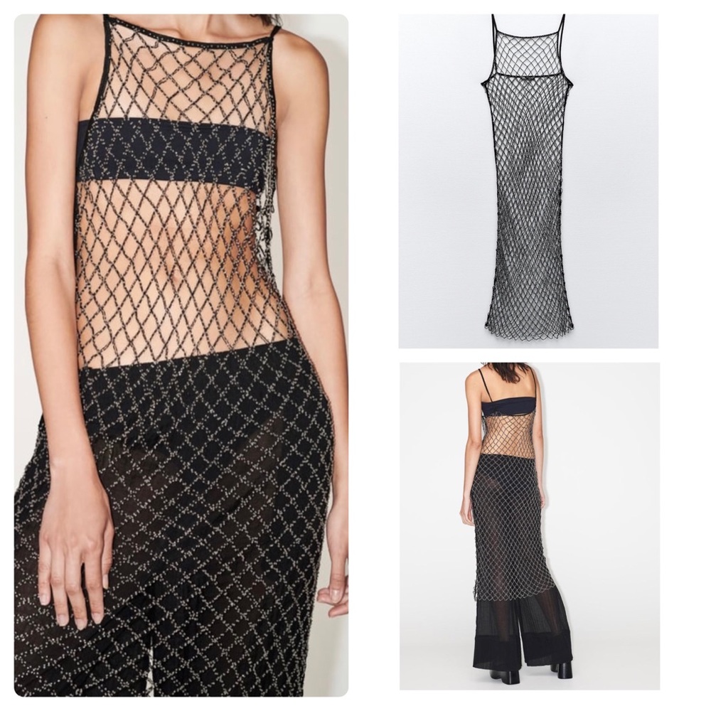 New ZARA Gorgeous Rhinestone Beaded Sparkle Fishnet Mesh See-Through Dress